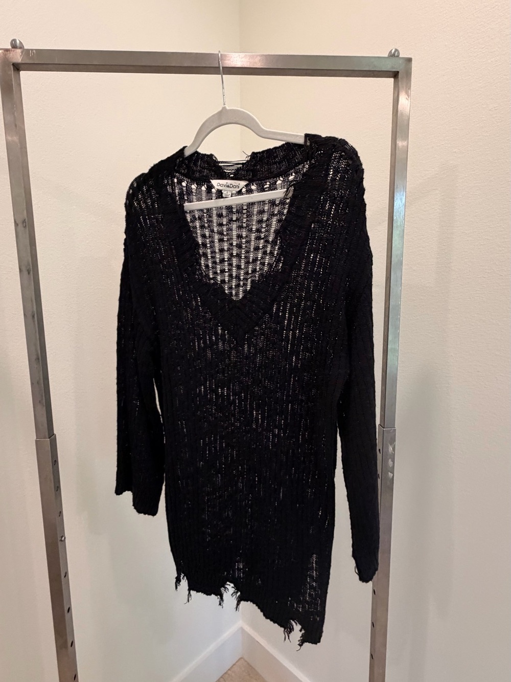 DAVI & DANI Black Open-Knit V-Neck Sweater